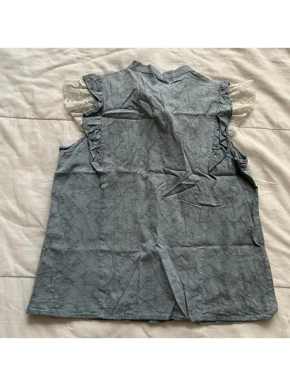 Axes Femme Dusty Blue Blouse Lace Cap Sleeve Bow Ruffle Button M Japan